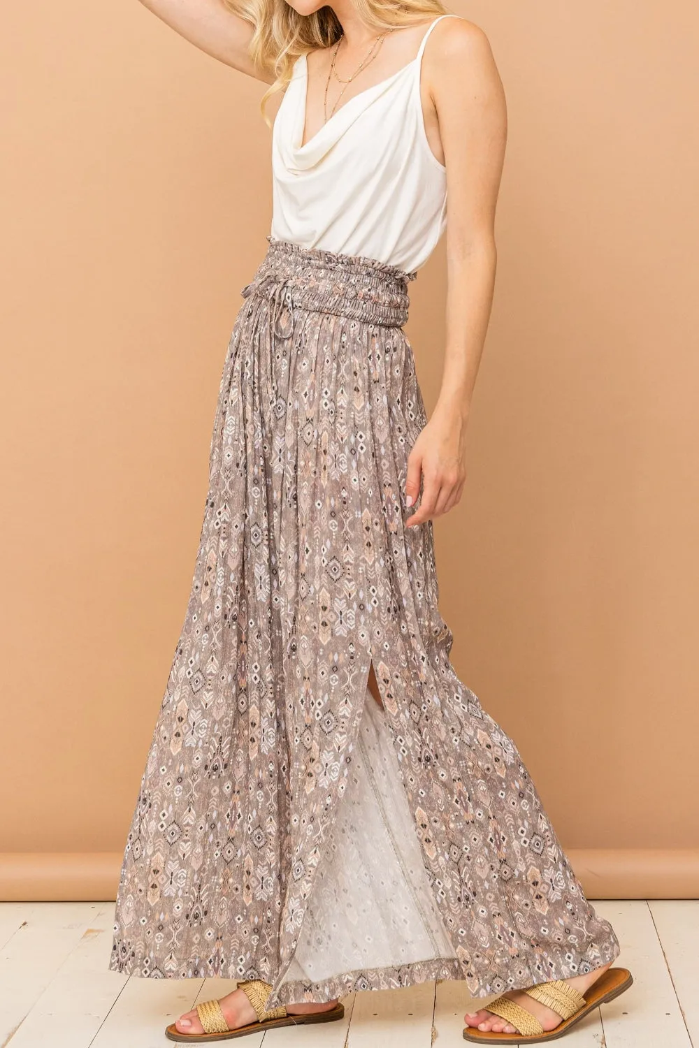 Blue Zone Planet |  And The Why Printed Smocked Waist Slit Wide Leg Pants