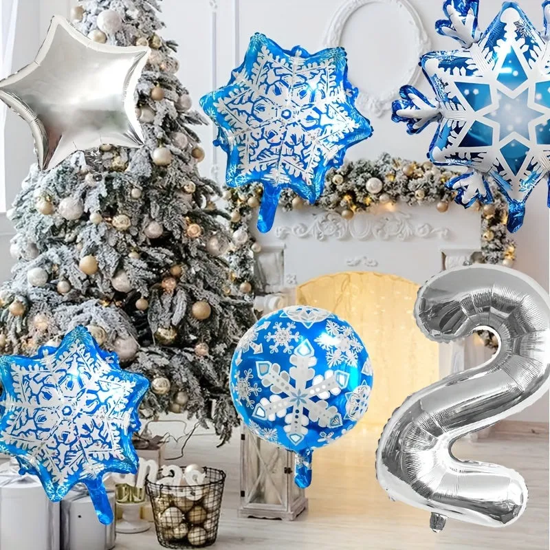 Christmas & New Year's Celebration Kit: Snowflake, Star & Number Foil Balloons - Self-Sealing, Includes Curling Ribbon & Filling Nozzle for Festive Party Decorations