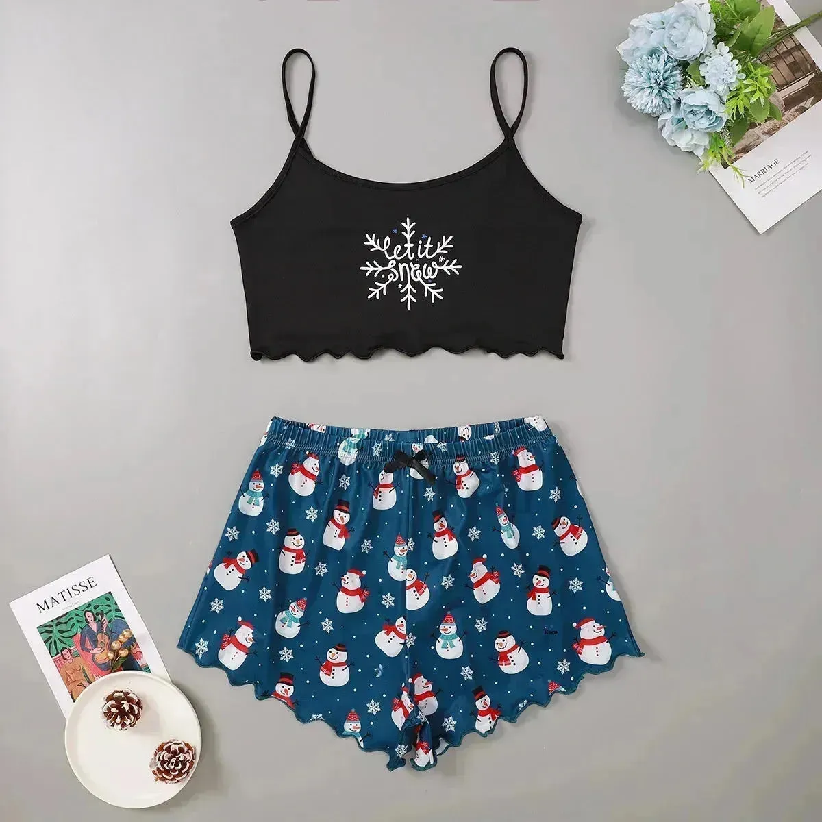 Christmas European And American Thin Pajamas Women's Sleeveless Shorts Milk Silk Simple Casual Two-piece Suit Homewear