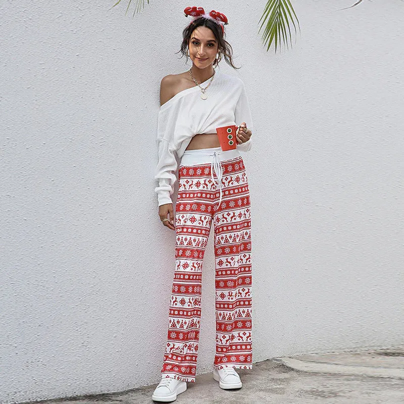 Christmas Print Pants for Women - Casual Drawstring Trousers with Snowflake, Tree, and Elk Print