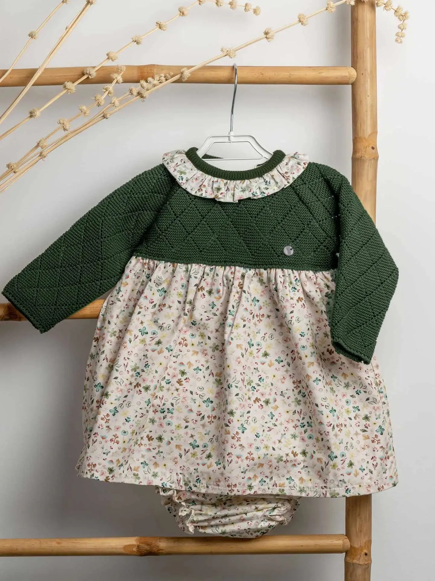 Forest Green Knit Floral Dress Set