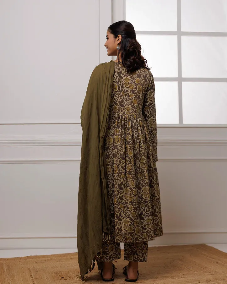 Grey Hand Block Printed Suit Set With Dupatta