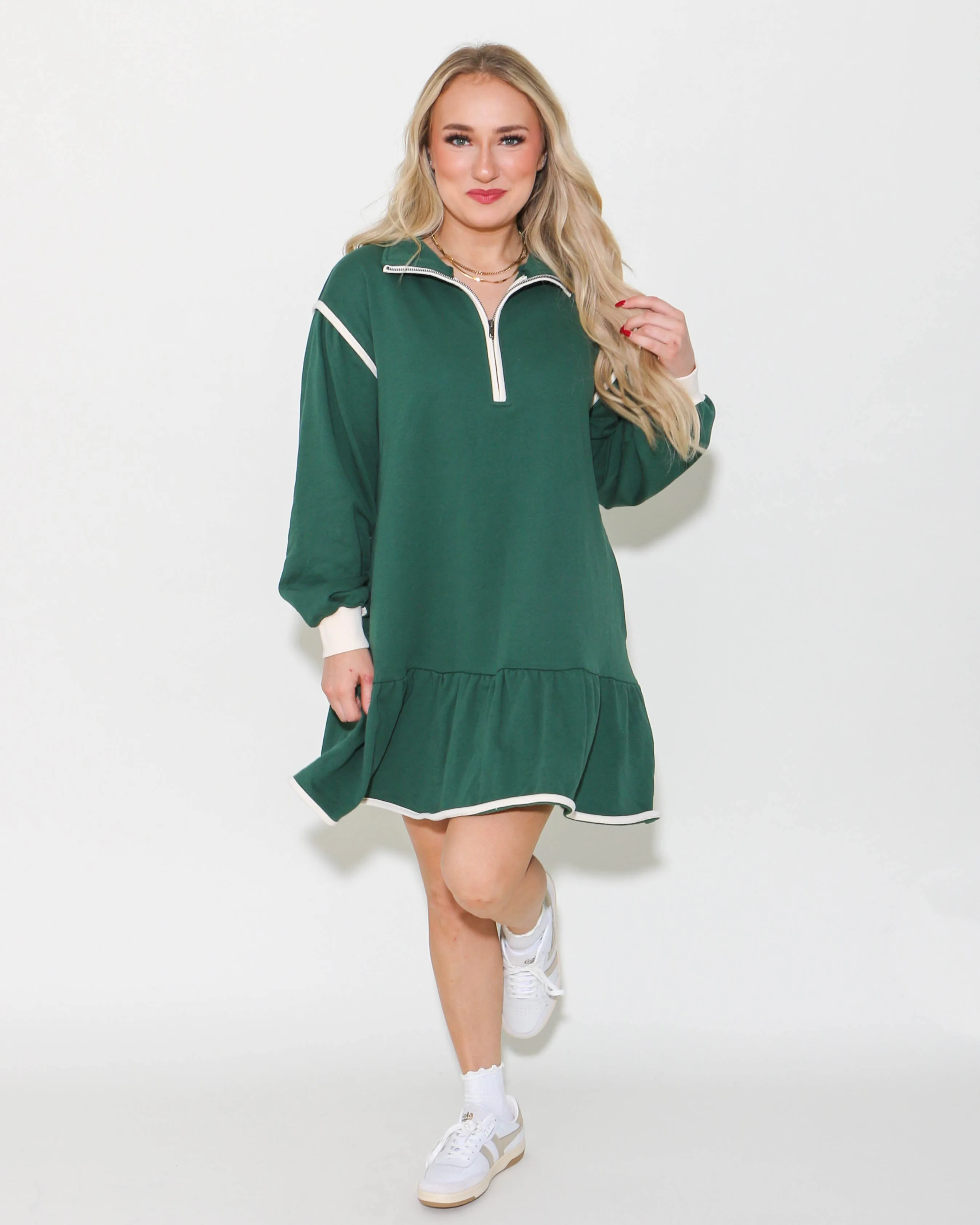 Half Zip Collared Mini Dress in Hunter Green