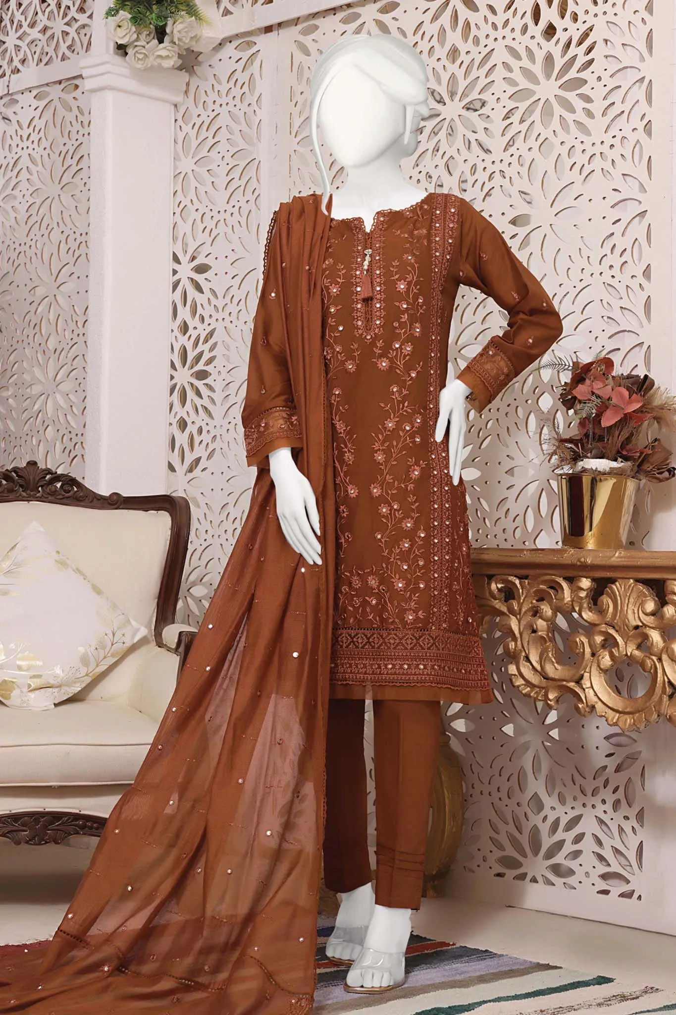 Hz Exclusive Pret Emb Dobby Cotton Collection'2023-HZK-05-A-Rust