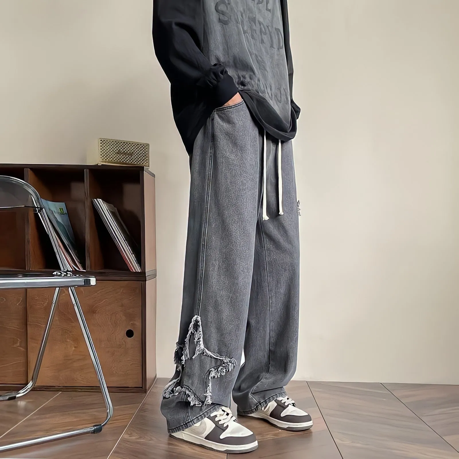 Men's Y2K American Streetwear Vintage Embroidery Star Black Jeans For Men Baggy Clothes Casual Straight Wide Leg Pants Black