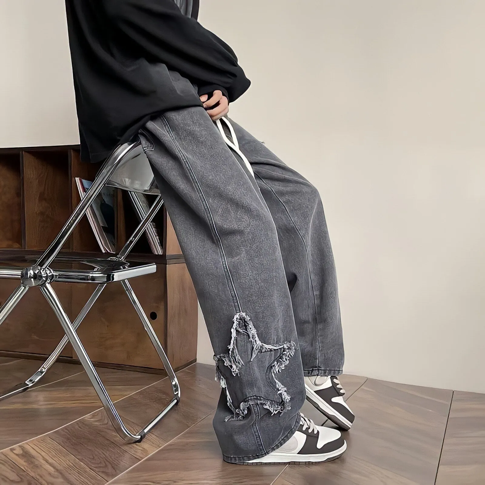 Men's Y2K American Streetwear Vintage Embroidery Star Black Jeans For Men Baggy Clothes Casual Straight Wide Leg Pants Black