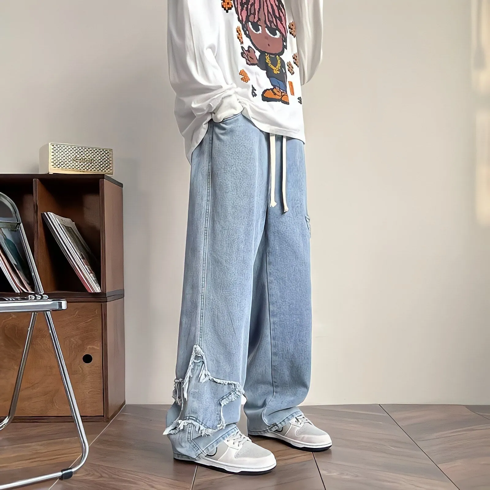 Men's Y2K American Streetwear Vintage Embroidery Star Black Jeans For Men Baggy Clothes Casual Straight Wide Leg Pants Black
