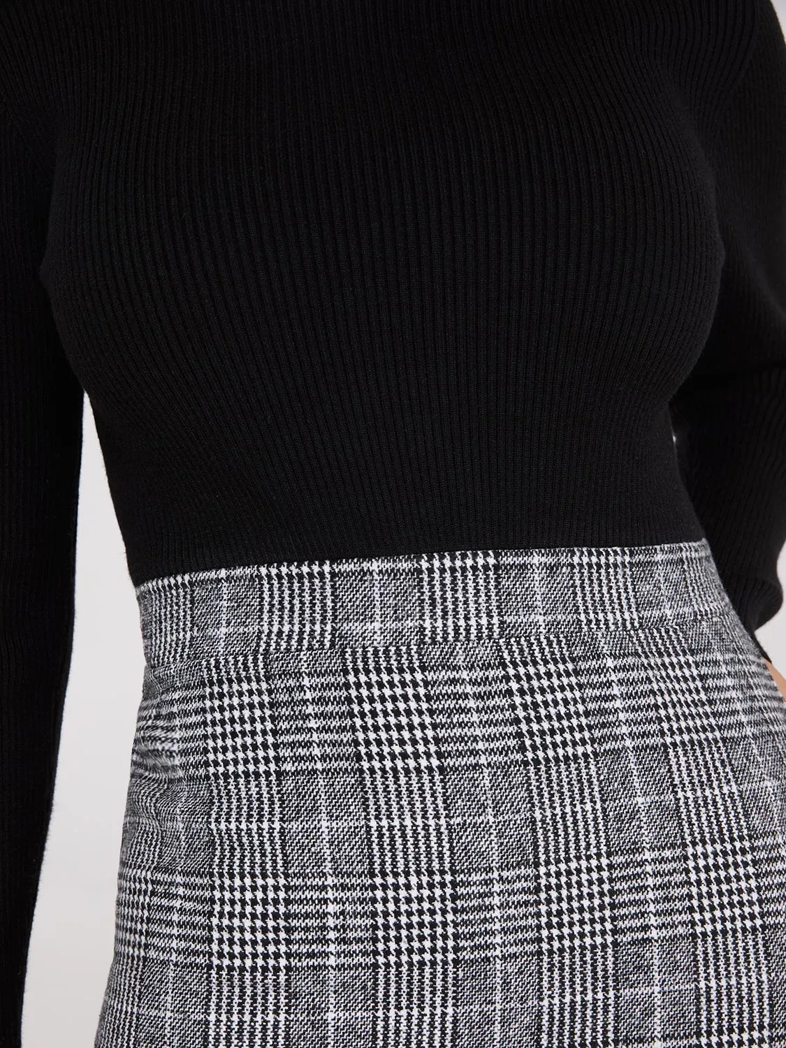 Mock Neck Plaid A-Line 2-Fer Mini Dress