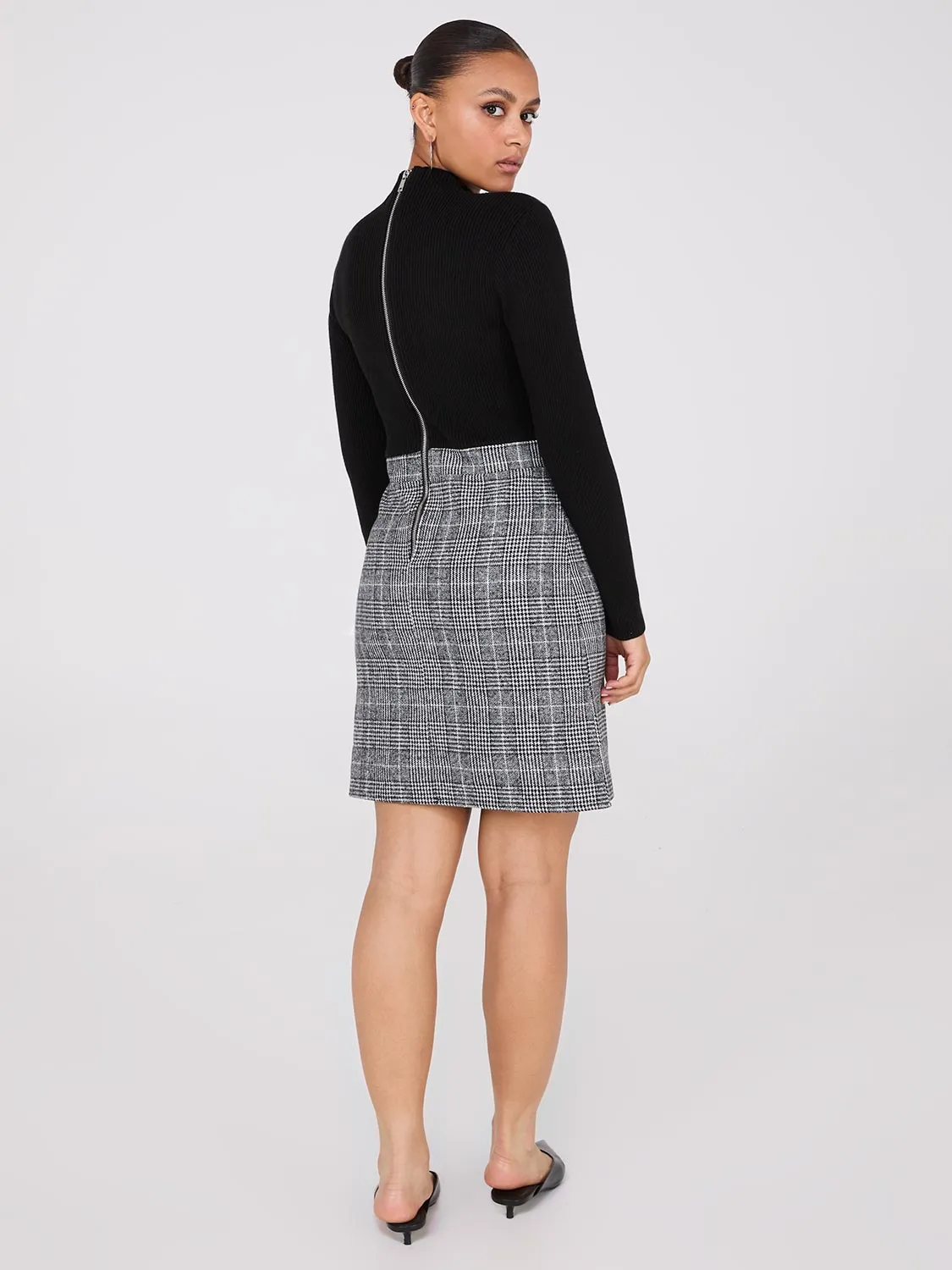 Mock Neck Plaid A-Line 2-Fer Mini Dress