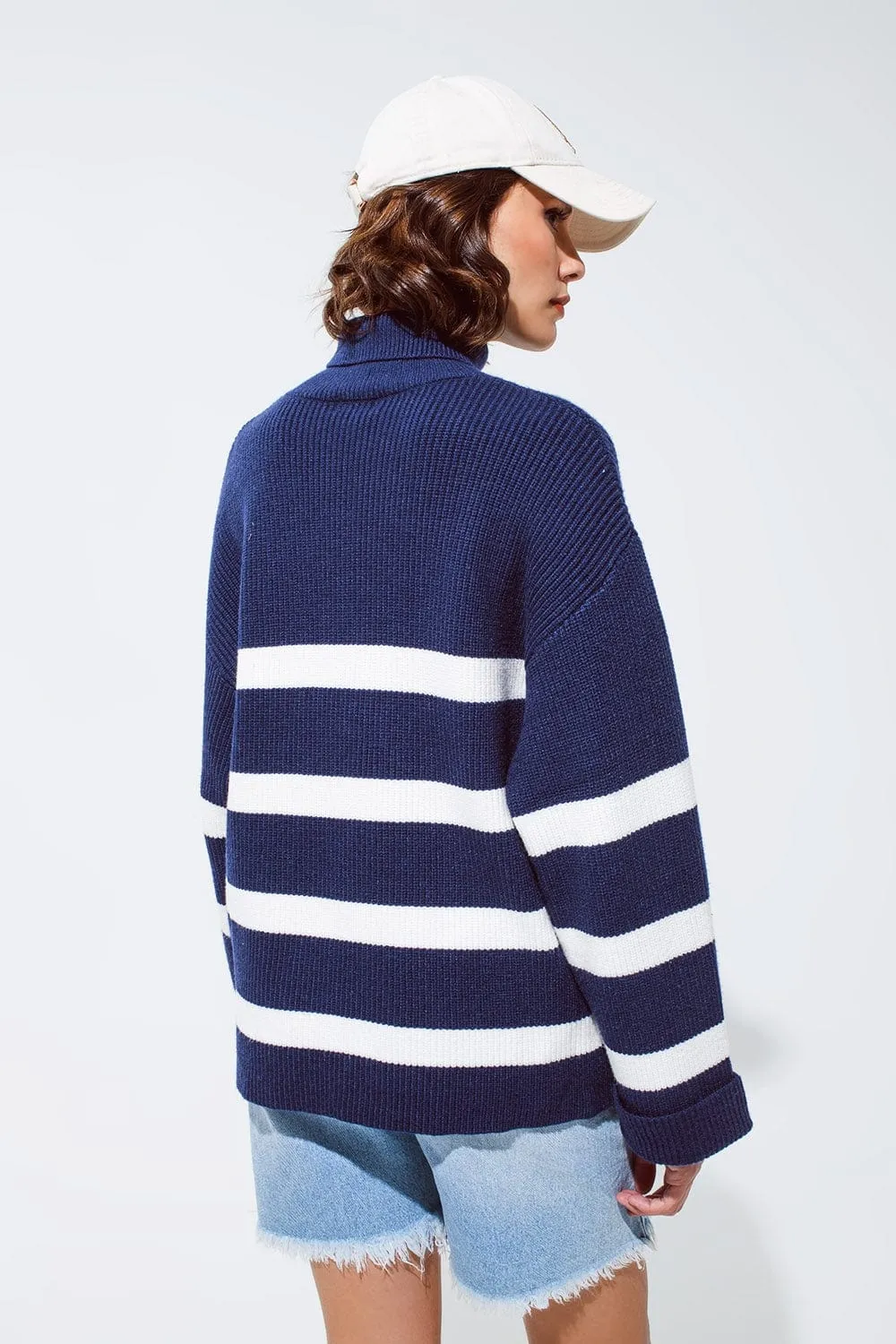 Navy Blue Turtle Neck Sweater In Navy With Stripes