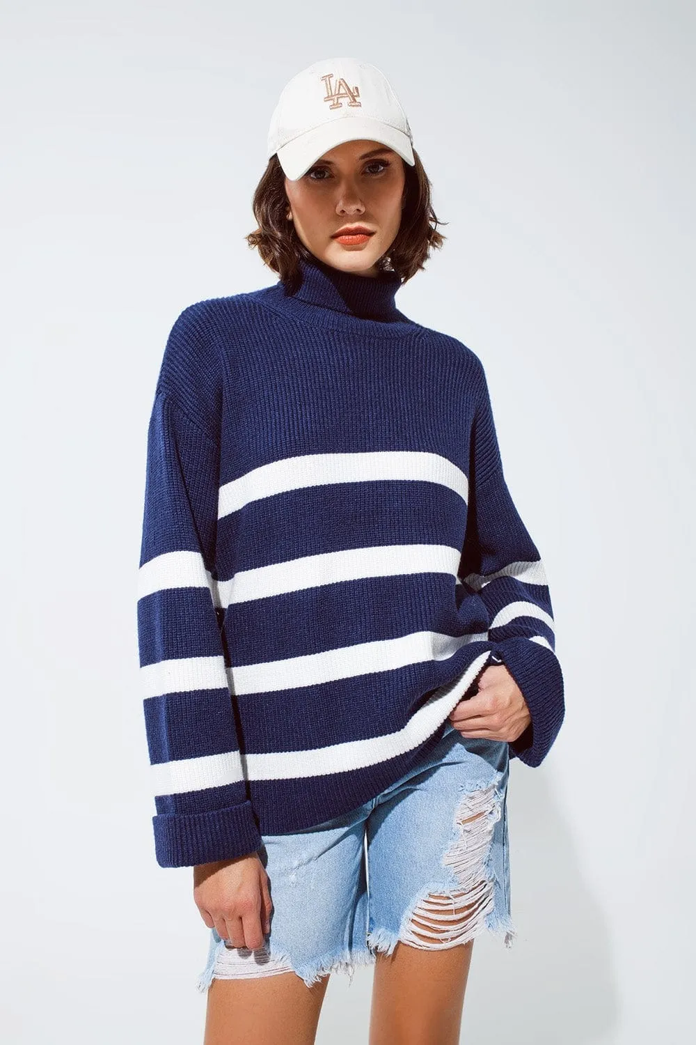Navy Blue Turtle Neck Sweater In Navy With Stripes