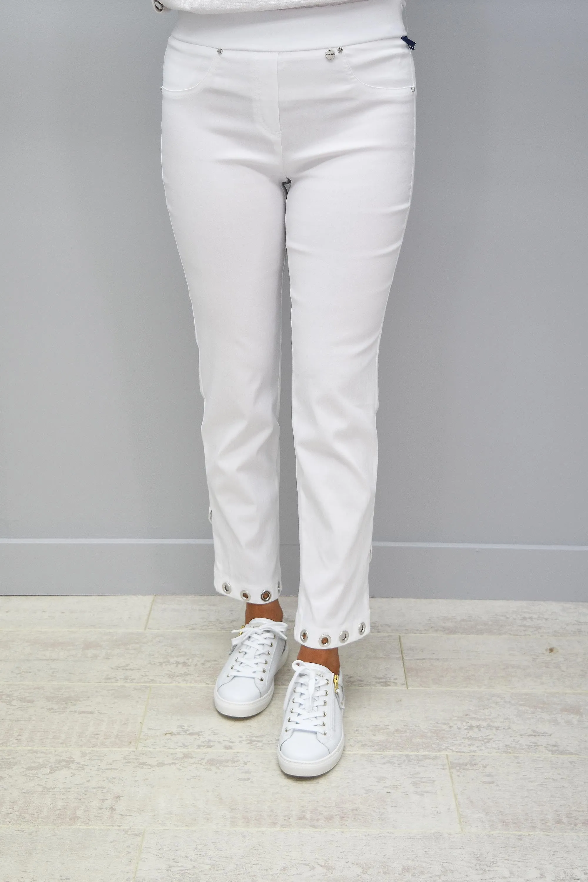 Robell Rose White Trouser With Ring Button Detail At Bottom - 51666 5499 10