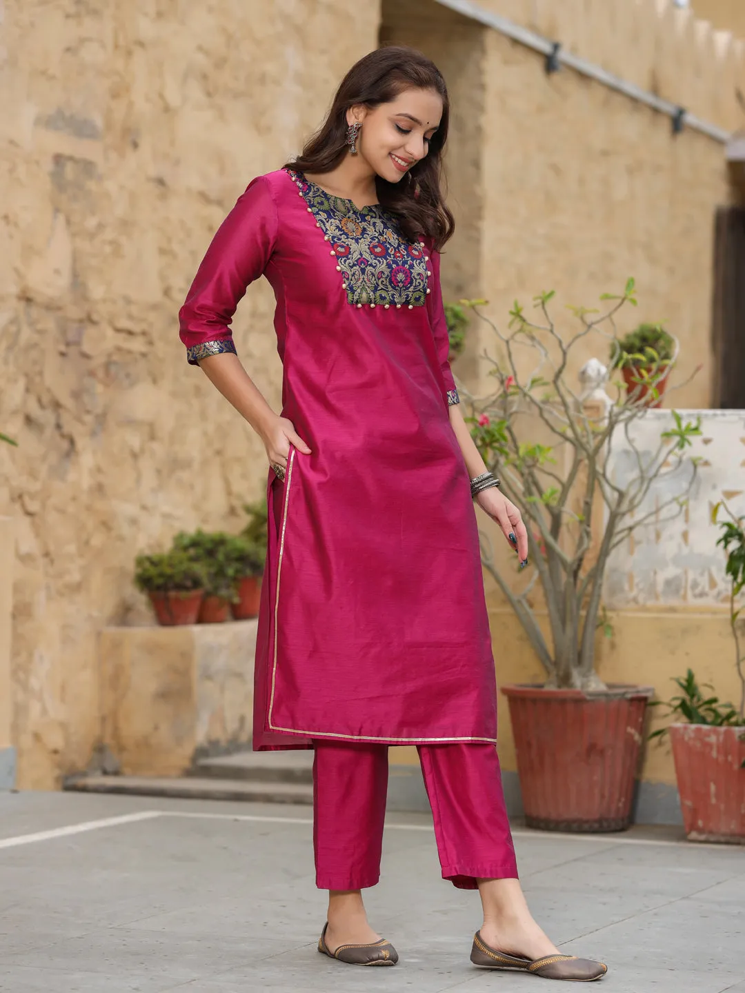 Solid Brocade Yoke Straight Kurta with Pants