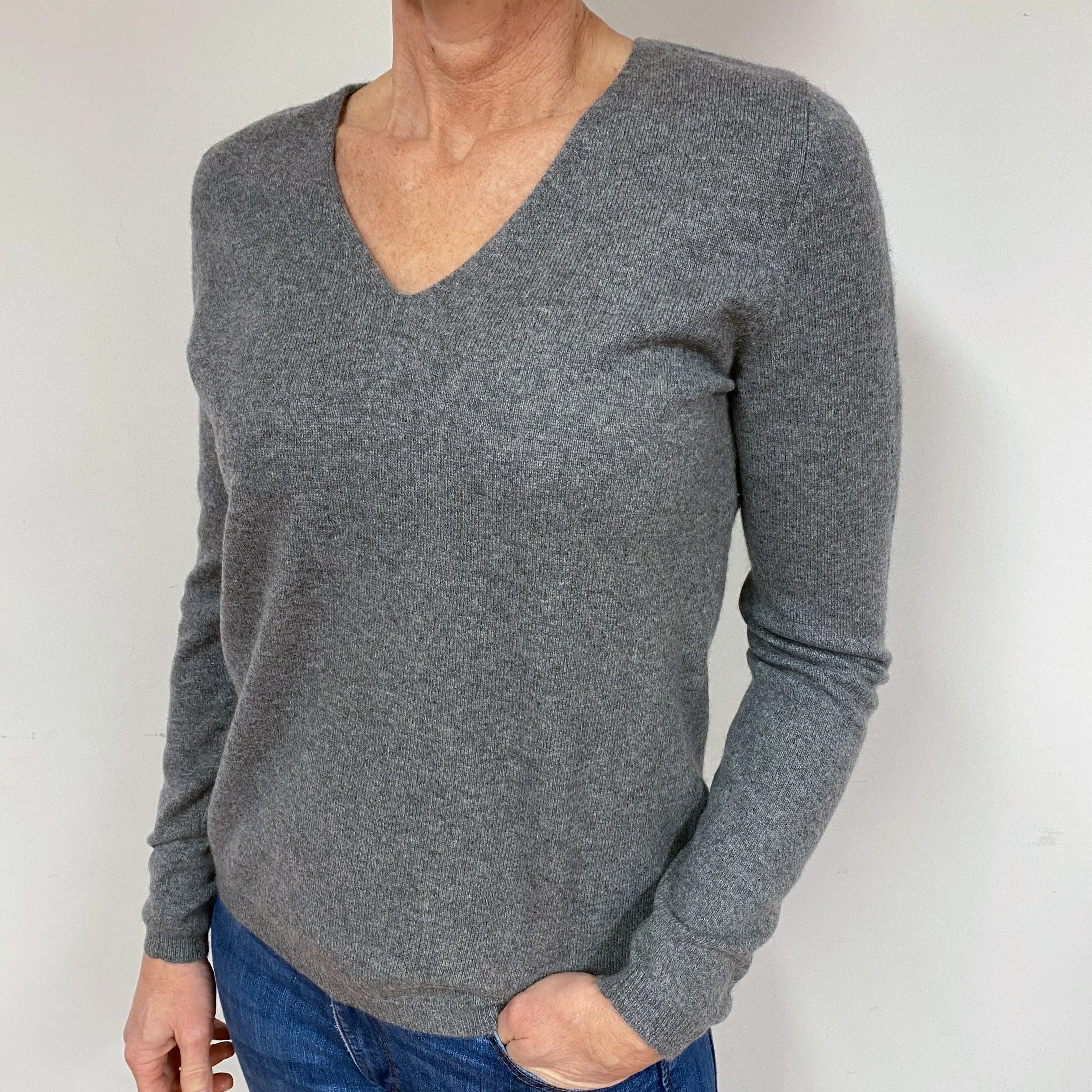 Steel Grey Cashmere V-Neck Jumper Medium
