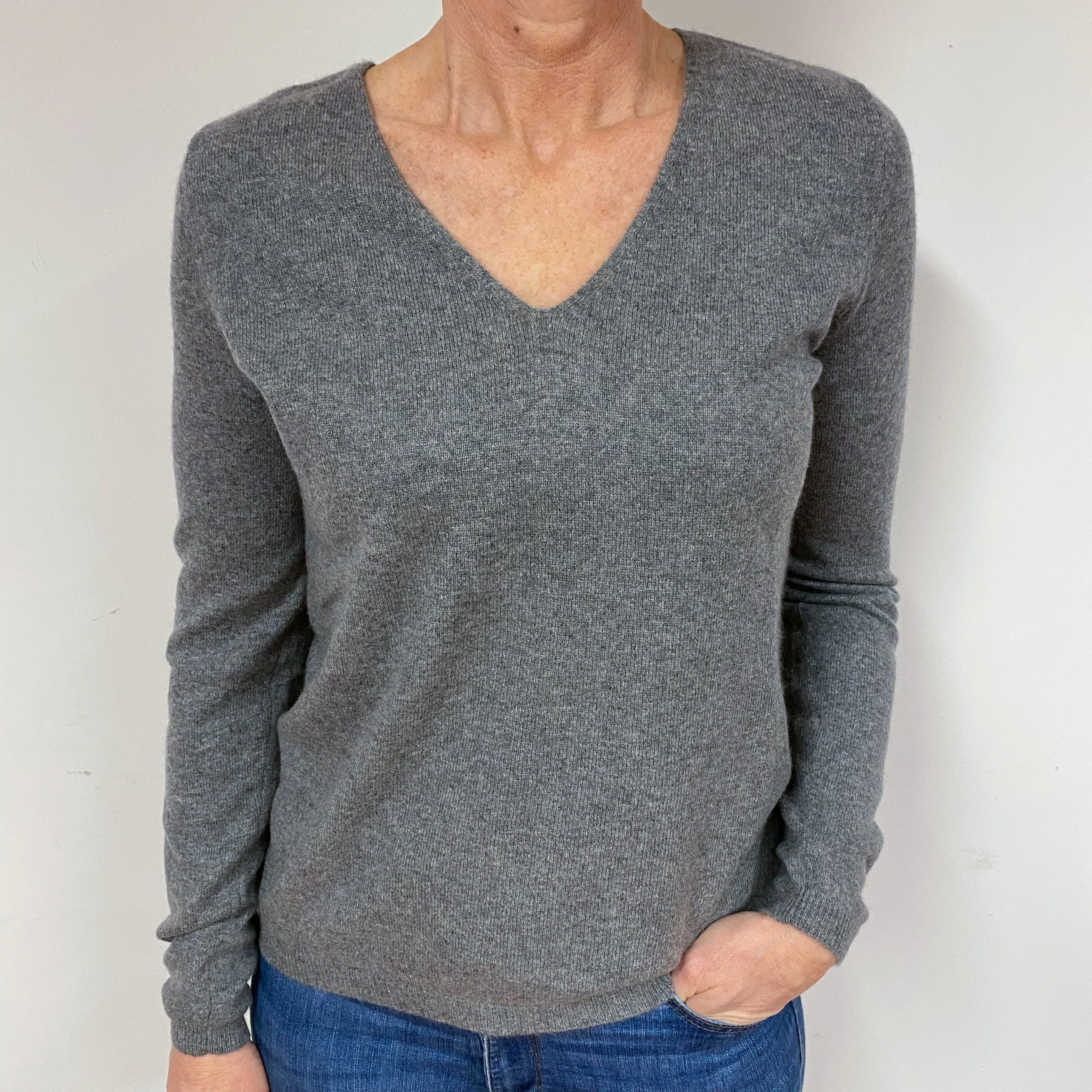 Steel Grey Cashmere V-Neck Jumper Medium