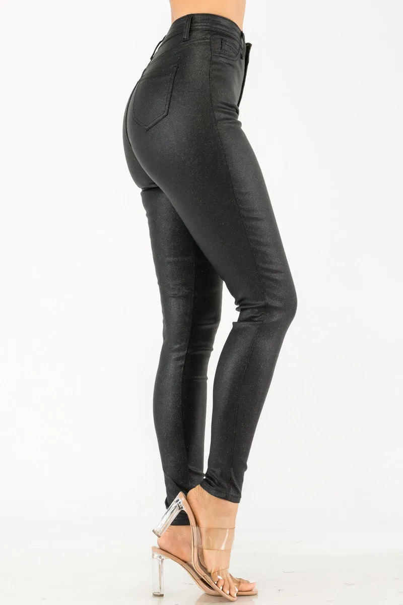 stretch high waist faux leather glitter skinny pant