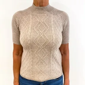 Taupe Brown Cable Front Short Sleeved Cashmere Turtle Neck Jumper Medium