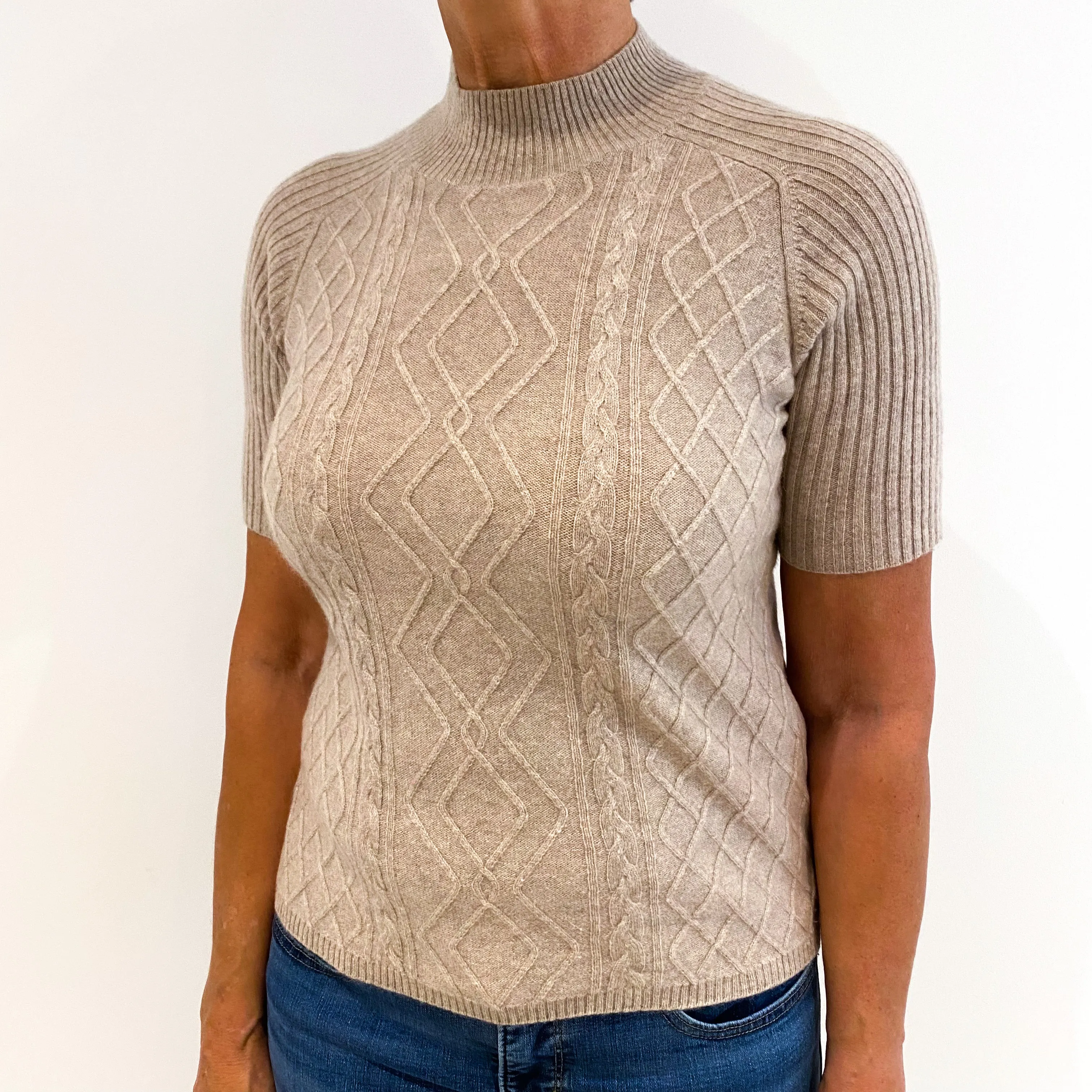 Taupe Brown Cable Front Short Sleeved Cashmere Turtle Neck Jumper Medium