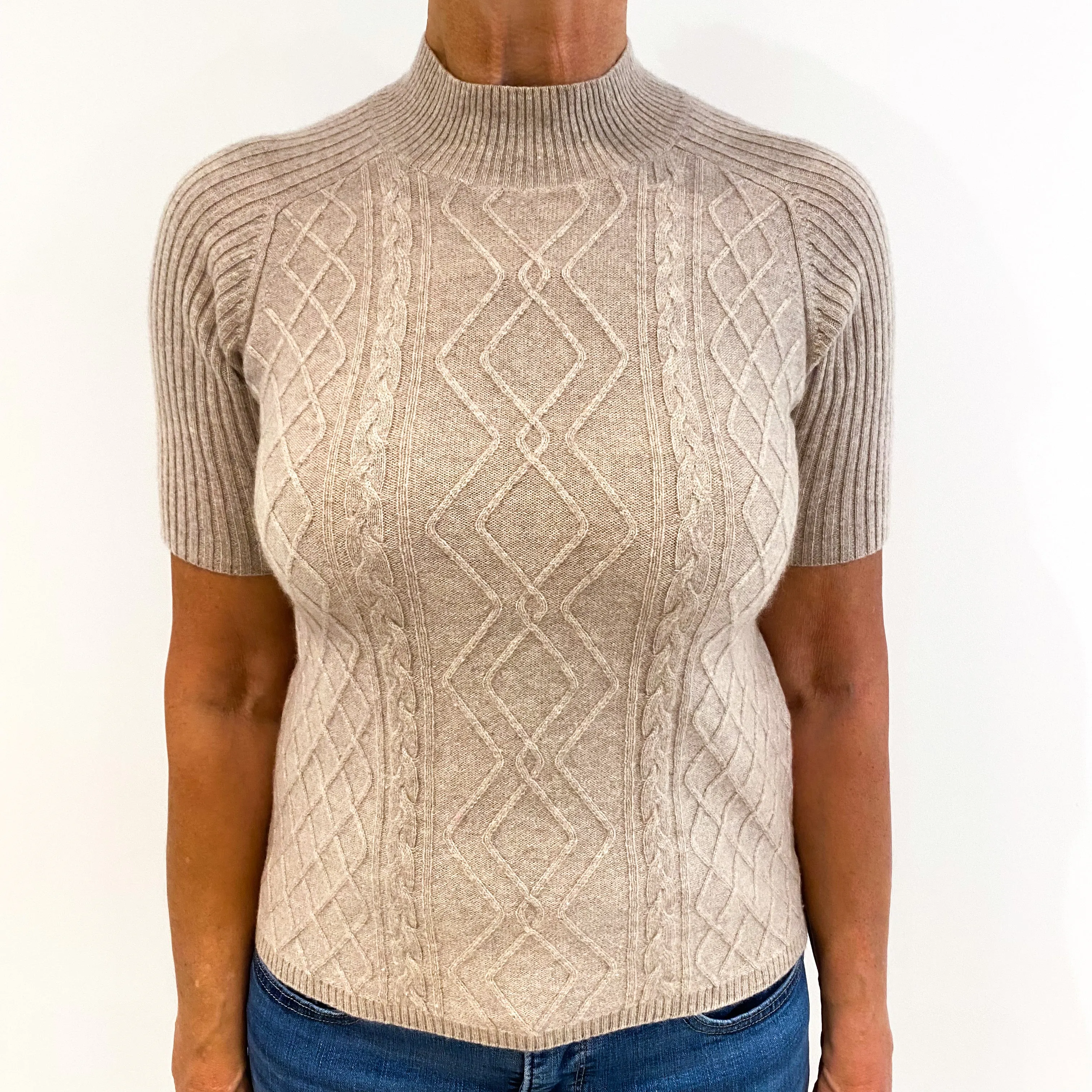 Taupe Brown Cable Front Short Sleeved Cashmere Turtle Neck Jumper Medium