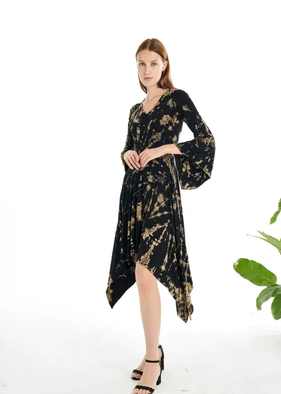 Tie-Dye Dress ~ Bell Sleeves & Hankie Hem ~ Brown & Black