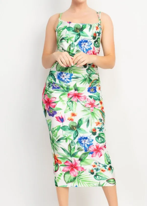 TROPICAL PARADISE OFF WHITE COWL NECK MIDI DRESS