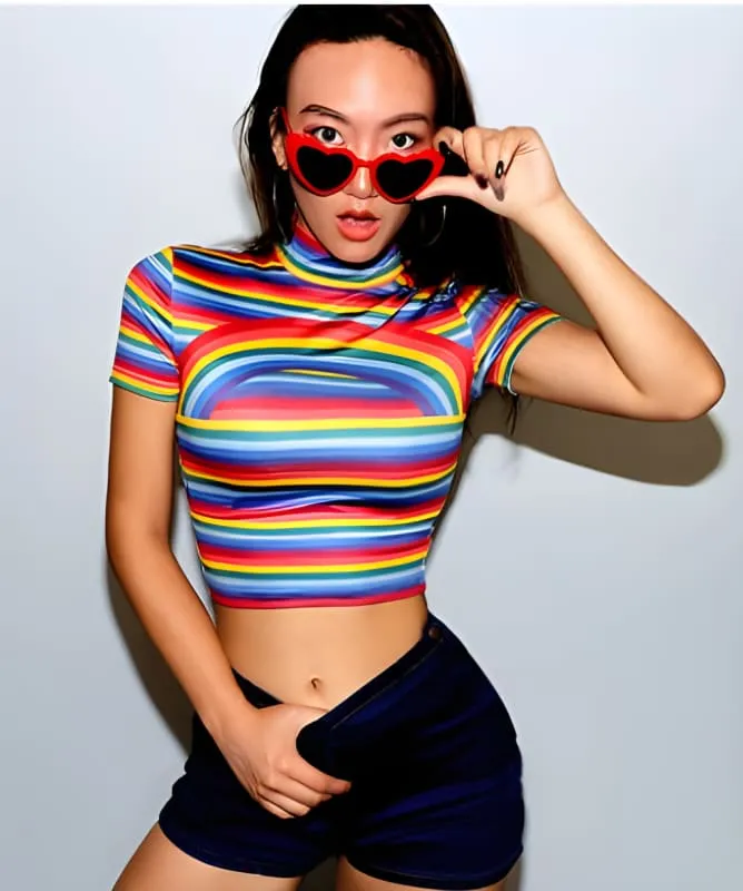 Vibrant Rainbow Design Turtleneck Pride Top for a Stylish Look
