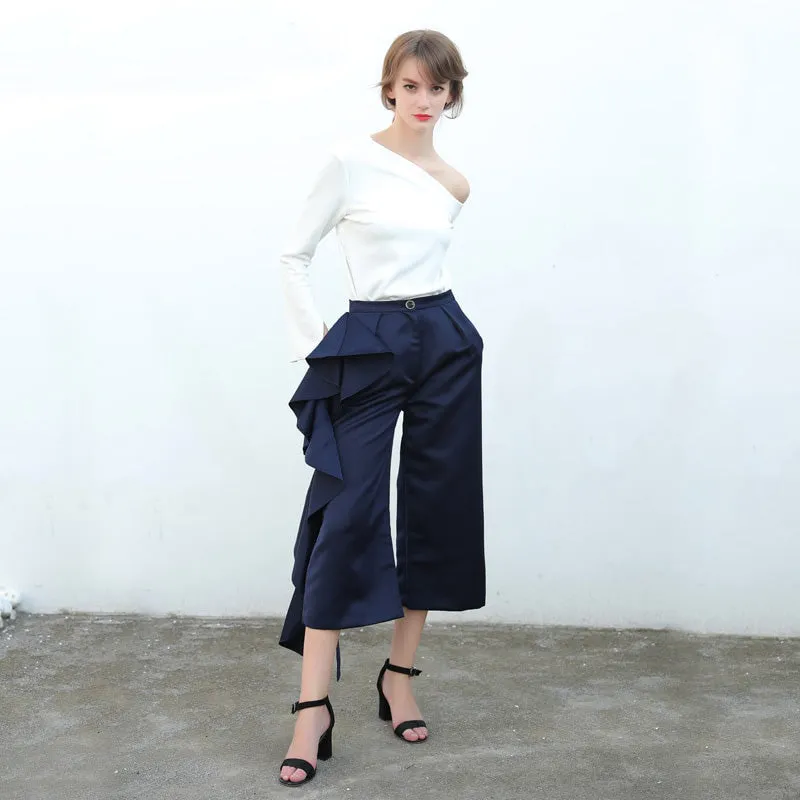 Women's High Waist Wide Leg Ruffle Trousers